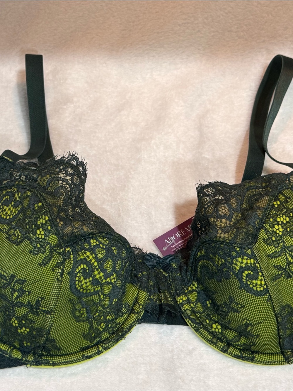Adore Me Olive Green Underwire Bra with Black Lace Overlay